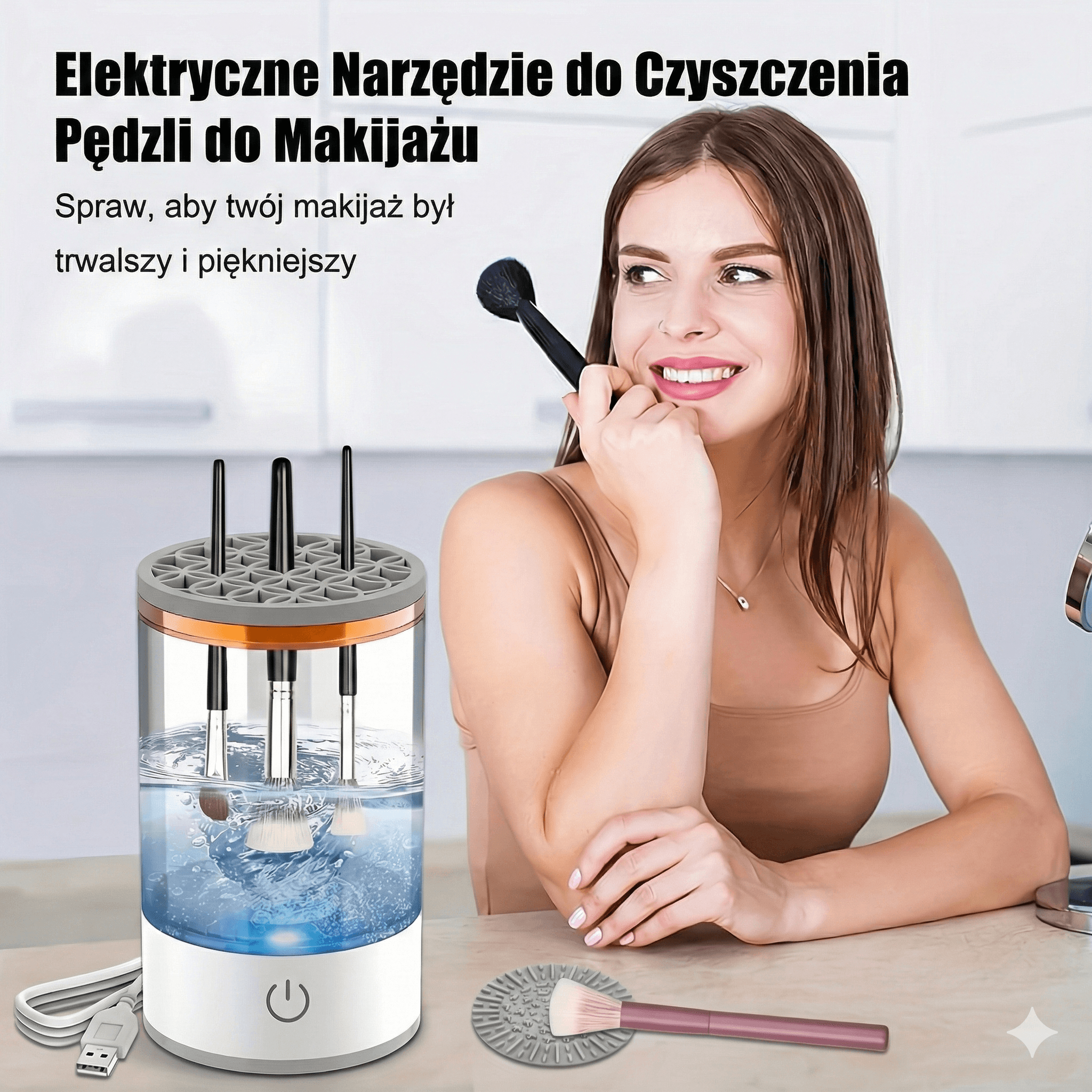 PRZENOŚNY ELEKTRYCZNY CZYŚCIK DO PĘDZLI DO MAKIJAŻU Z USB I SZYBKĄ SZCZOTECZKĄ - SYSTEM HIGIENICZNEGO CZYSZCZENIA DO PIELĘGNACJI PĘDZLI